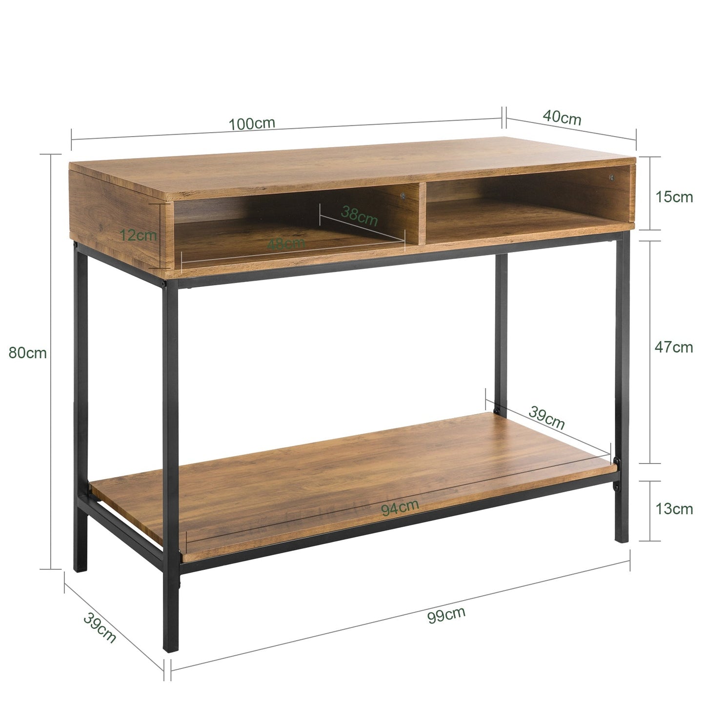 SoBuy Table d'appoint - 2 compartiments de rangement - Structure en acier - 100 x 40 x 80 cm - Bois/métal