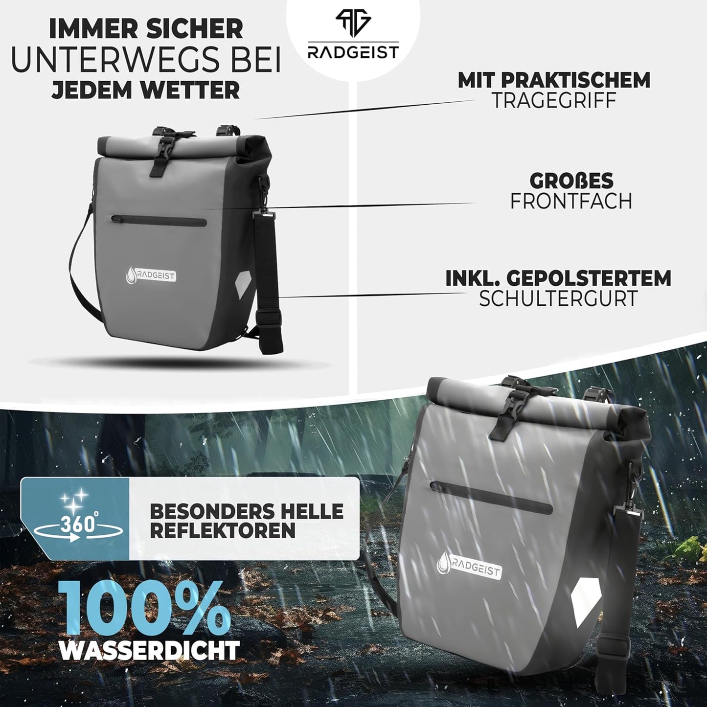 RADGEIST sacoche de vélo pour porte-bagages - sacoche de vélo pour porte-bagages - sacoche de vélo étanche et sac à bandoulière - sacoche de vélo avec réflecteurs