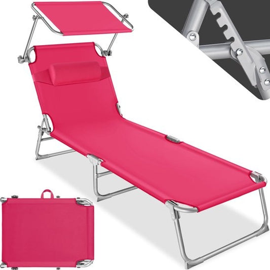 Chaise longue - Tectake® -  Réglable -  structure en acier avec parasol - dossier à 4 positions avec coussin - chaise de plage, jardin, piscine, camping - Rose - 68 x 190 x 28 cm