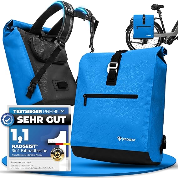 RADGEIST sacoche vélo pour porte bagage I sacoche vélo et sac à dos - sac à dos vélo - sacoche latérale vélo 100% étanche I sacoche vélo pour femmes et hommes 20L (bleu ciel)