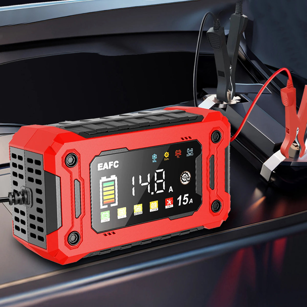Chargeur de batterie automobile Eafc 12 V 15 A - Grand écran HD - Réparation par impulsions - Batteries au lithium, AGM, plomb-acide et gel