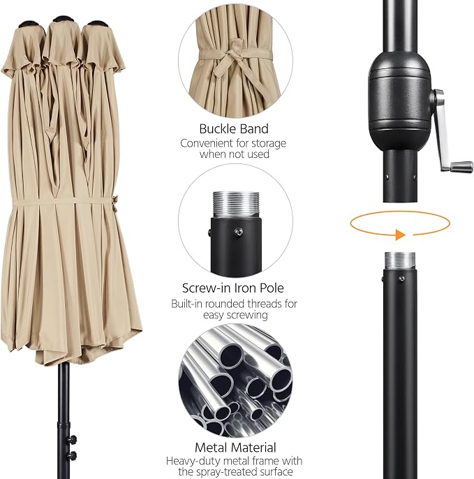 Parasol double Yaheetech 15 pieds avec éclairage LED solaire et pied - Beige - Parasol de jardin extra-large avec sacs de sable