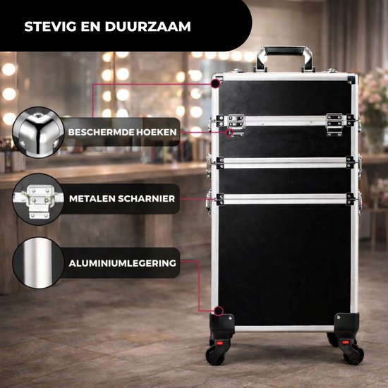Travli Make Up Trolley - Valise de maquillage - Valise de coiffure - Valise de beauté - Valise de cosmétiques - 106* 40* 31,5 cm - Noir