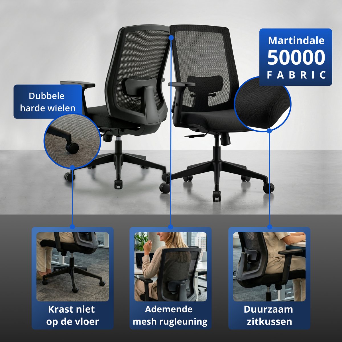 Chaise de bureau Backerz Low Mesh noire - Profondeur d'assise : 51 cm - Ergonomique - Jusqu'à 140 kg