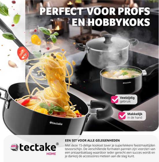 tectake® Ensemble de casseroles 15 pièces - Aluminium avec couvercles en verre - ustensiles inclus - Noir
