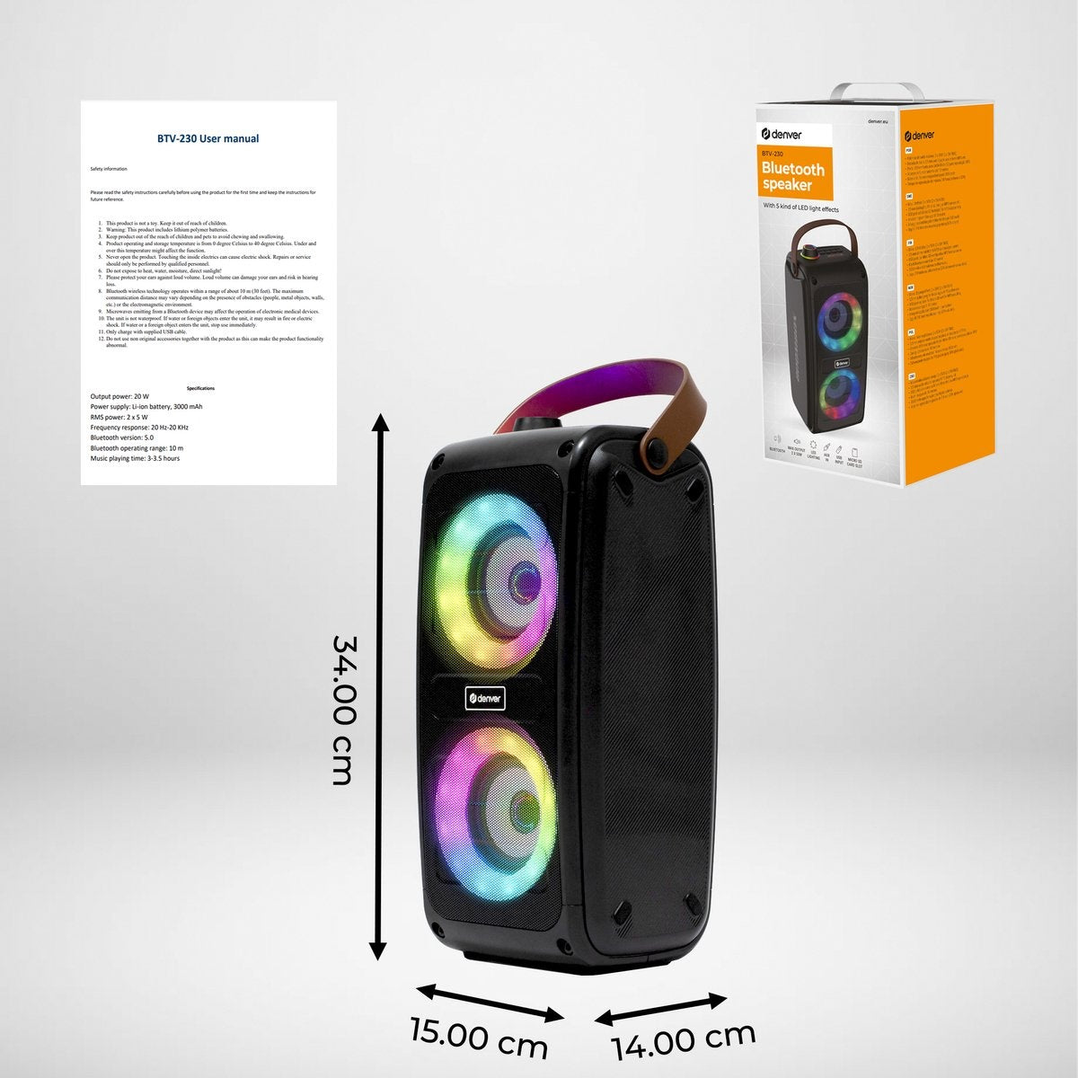Denver Enceinte Bluetooth sans fil - Effets de lumière - Boîte à musique - AUX - TWS Pairing - BTV230 - Noir