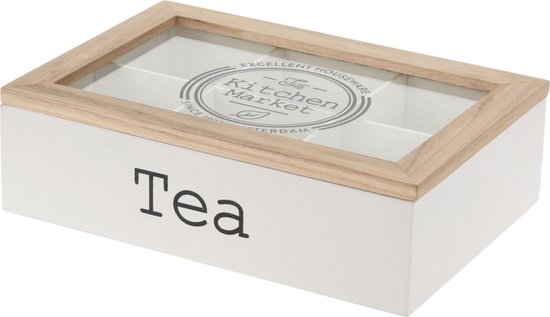 Excellent Houseware Boîte à thé - MDF - blanc - 6 compartiments - 24 cm - Boîtes à thé / Coffres à thé