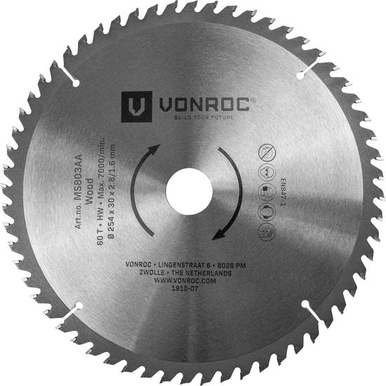 Lame de scie VONROC - Ø254MM - 60 dents - pour le bois - convient aux scies à tronçonner et aux scies à table