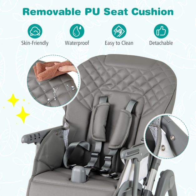 Chaise haute pliable Coast avec fonction d'inclinaison - Chaise haute réglable pour bébé avec harnais à 5 points, roulettes et plateau amovible - Gris