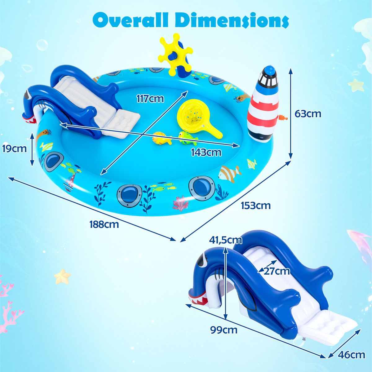 Piscine gonflable pour enfants Coast - Espace de jeux aquatiques sur le thème de la mer - Toboggan en forme de requin et jet d'eau - Multicolore 188 x 153 x 63 cm