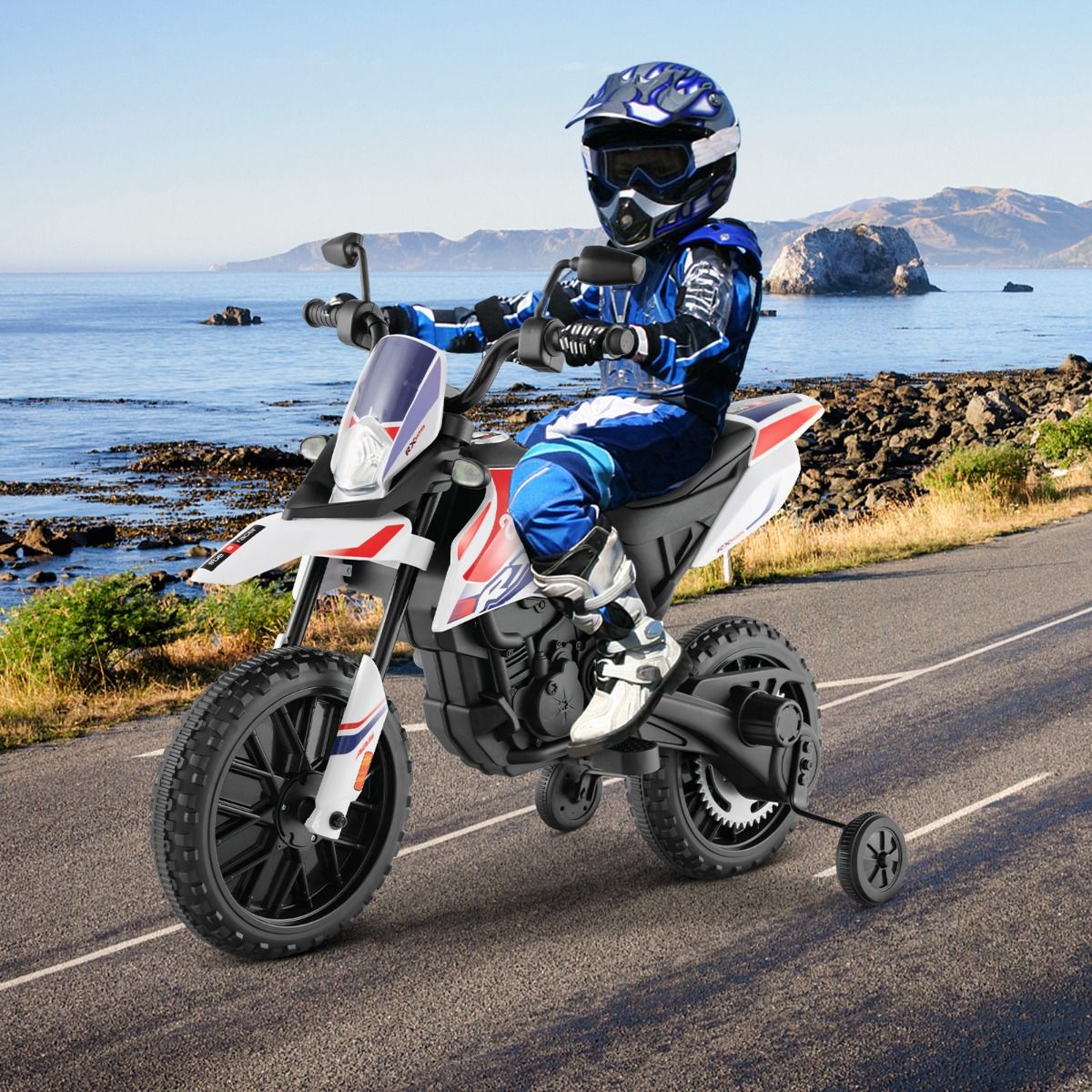 Coast Toy Motorbike for Kids - 2 roues latérales - Fonction musicale - 106.5 x 56 x 80 cm - Bleu/Blanc