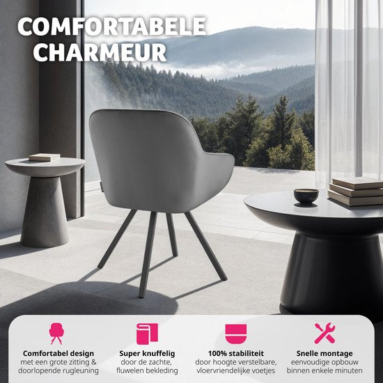 tectake® - Chaise de salle à manger pivotante avec accoudoirs - Chaise ergonomique à coque avec revêtement en velours - Rembourrée - Chaise pivotante pour le salon, la table à manger, le bureau, la coiffeuse et la cuisine - Gris