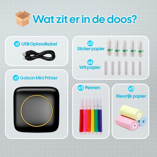 Gatson Mini Printer - Comprend 14 rouleaux de papier (autocollant, normal et couleur) + 5 stylos - Mini imprimante pour mobile - Imprimante de poche - Imprimante photo mobile