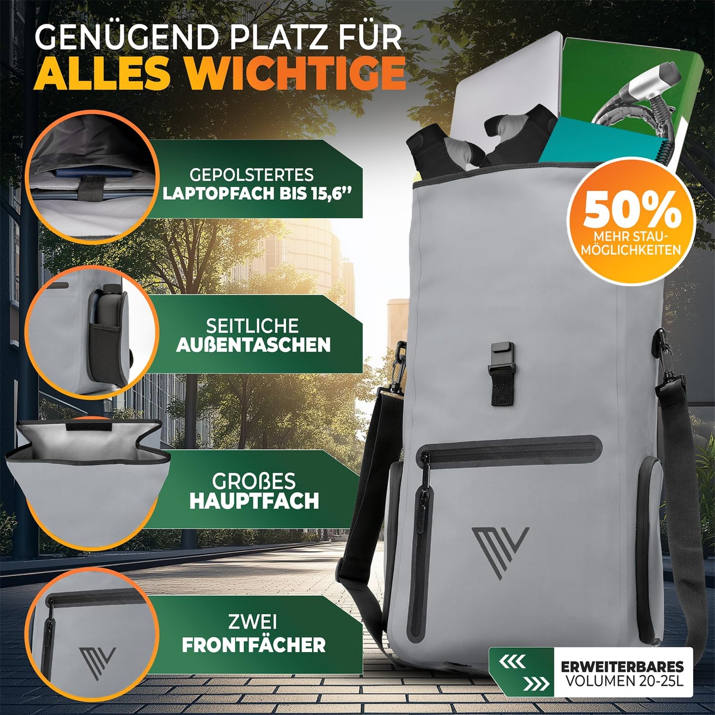 MIVELO EVO 25L : sac de vélo 3 en 1 pour porte-bagages – sac à dos et sac à bandoulière – 100 % imperméable et entièrement réfléchissant
