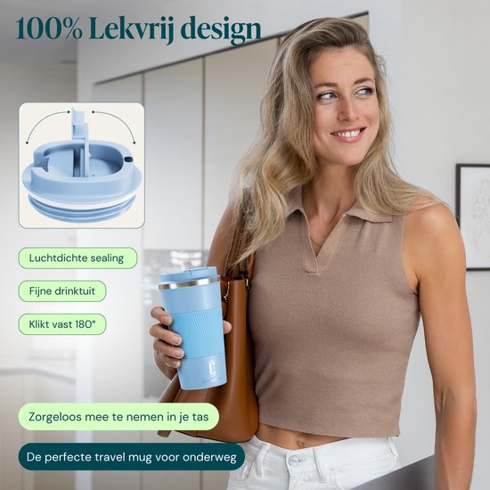 Mug isotherme Castagnola - Mug à café à emporter - Mug de voyage pour café et thé - Mug à thé - 510 ml - Acier inoxydable - Bleu clair