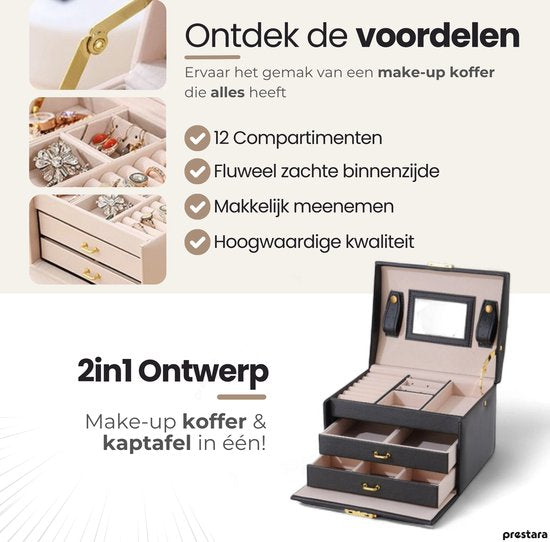 Ceruzo Boîte à bijoux avec miroir -Boîte à bijoux- Noir-Cuir PU-3 couches-Dimensions compactes-17.5 x 14 x 13 cm-Boîte à beauté