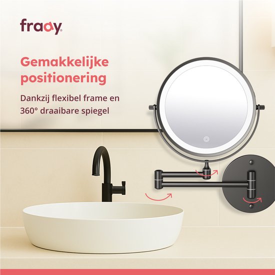 Fraay® Miroir de maquillage avec éclairage LED - grossissement 10x - Miroir grossissant avec lumière - rechargeable - Miroir de rasage - Miroir de salle de bain - noir
