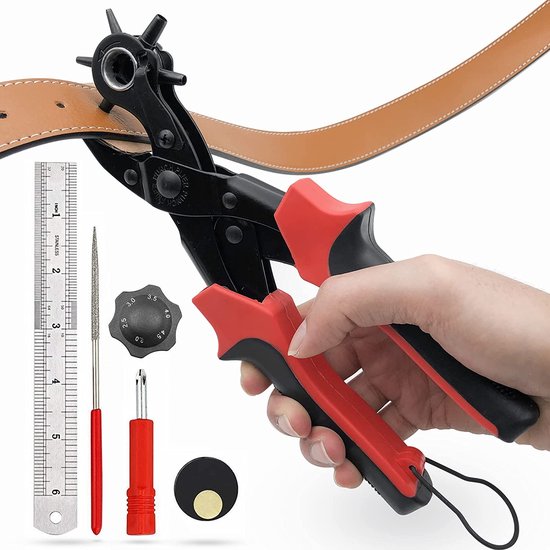 SolidStock Pince à trous pour ceinture - avec bâton de mesure - Pince à perforer - Pince revolver - Pince à trous - Rouge
