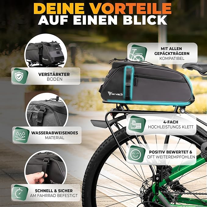 MIVELO Pannier - Sac à dos et à bandoulière 3-en-1 - Imperméable et réfléchissant - 9 litres - Gris foncé