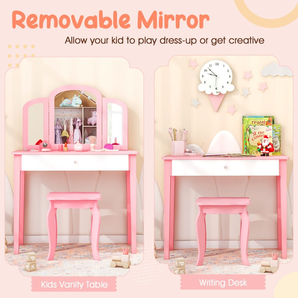 Coast Children's Dressing Table Set Pink - 70x34x95 cm Table avec tabouret et miroir pliant 3 pièces