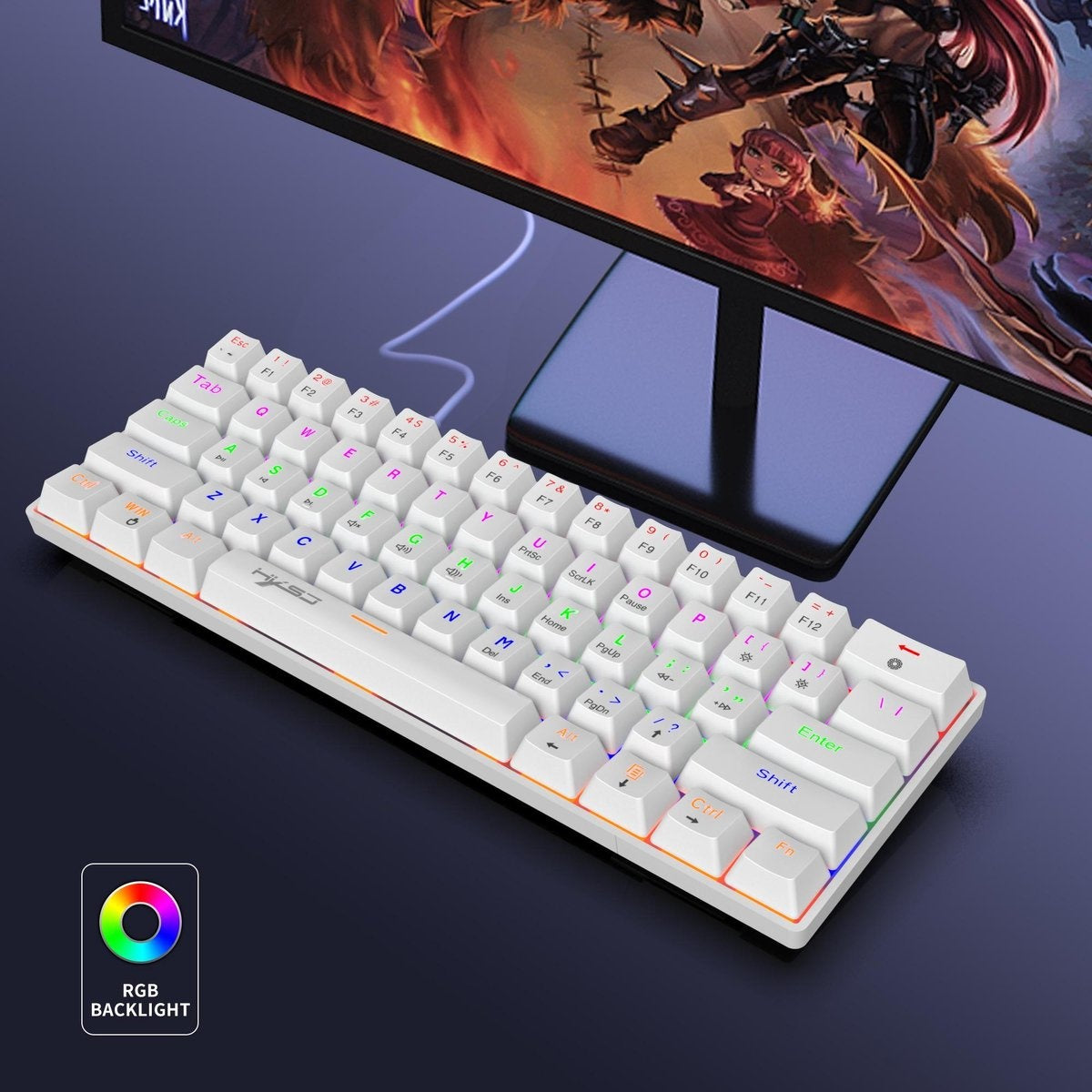 HXSJ V900 - Wired Mechanical Gaming Keyboard - RGB Lighting - Ergonomic - QWERTY - 61 Keys - Blue Switch - White