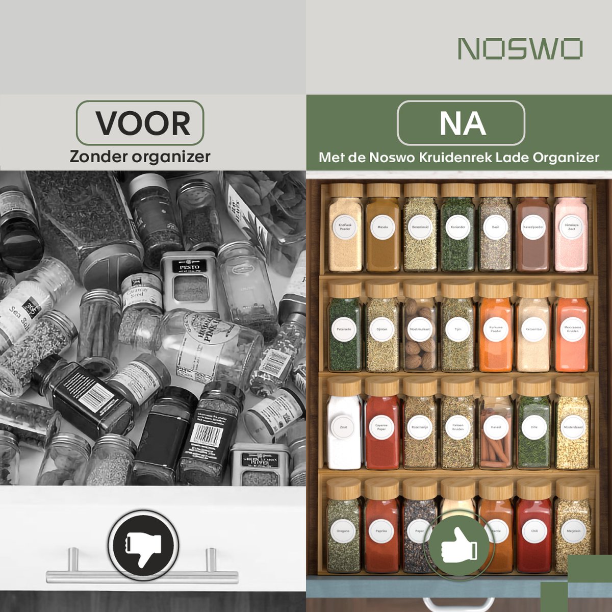 Noswo Spice Rack Drawer - With 28 Jars - Complete Set - Square - Sprinkle Lid and Labels - Spice Organiser - Kitchen Drawer Organiser - Bamboo