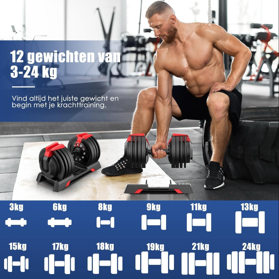 DH FitLife haltères réglables 24KG - 12 niveaux de poids (3-24 KG) - 12-en-1 haltères avec haltères