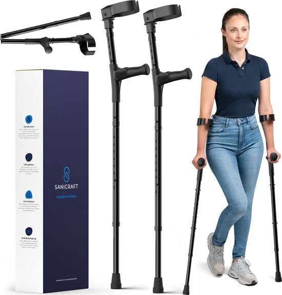 Sanicraft® Béquilles - Béquilles de coude - Rééducation - Béquilles de marche - Ajustables - Poignées ergonomiques en gel - 2 pièces - Pliable - Noir