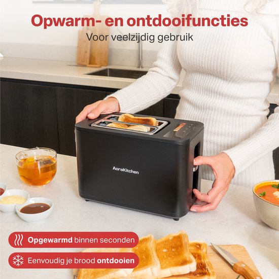 AoraKitchen Grille-pain avec pinces chauffantes - 6 niveaux de chaleur - écran LED - grille-pain - minuterie - noir