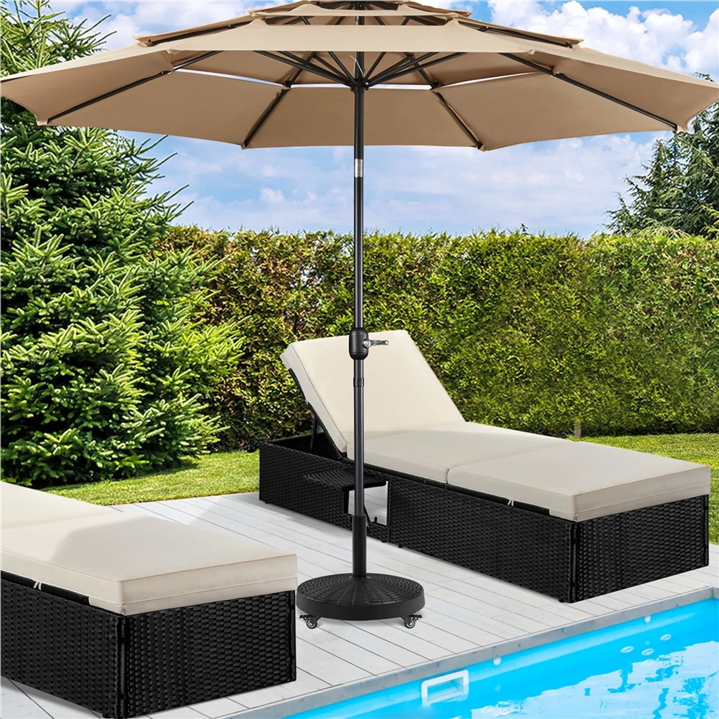 Yaheetech Base de parasol sur roues 24 kg - Avec 4 roulettes avec frein et deux adaptateurs pour Ø 38 mm et Ø 48 mm - Pour terrasse et jardin - Résine noire et métal - 52 x 52 x 42 cm