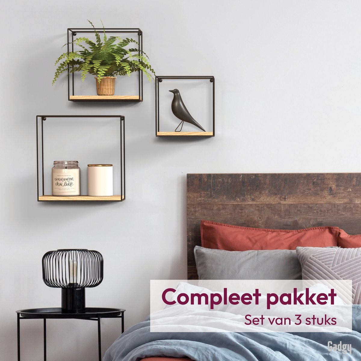 Gadgy Wandrekken Industrieel - Set van 3 - Vierkant Wandrek Zwart - Wanddecoratie Woonkamer - Muurdecoratie Hout - Wandplank zwevend voor Slaapkamer - 32, 27 en 22 cm