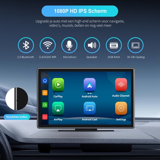 Écran Strolox CarPlay 9 pouces - Compatible avec Apple CarPlay et Android Auto - Sans fil - Système de navigation - Autoradio universel Bluetooth - Connexion USB-C - 2 supports de fixation - 2024