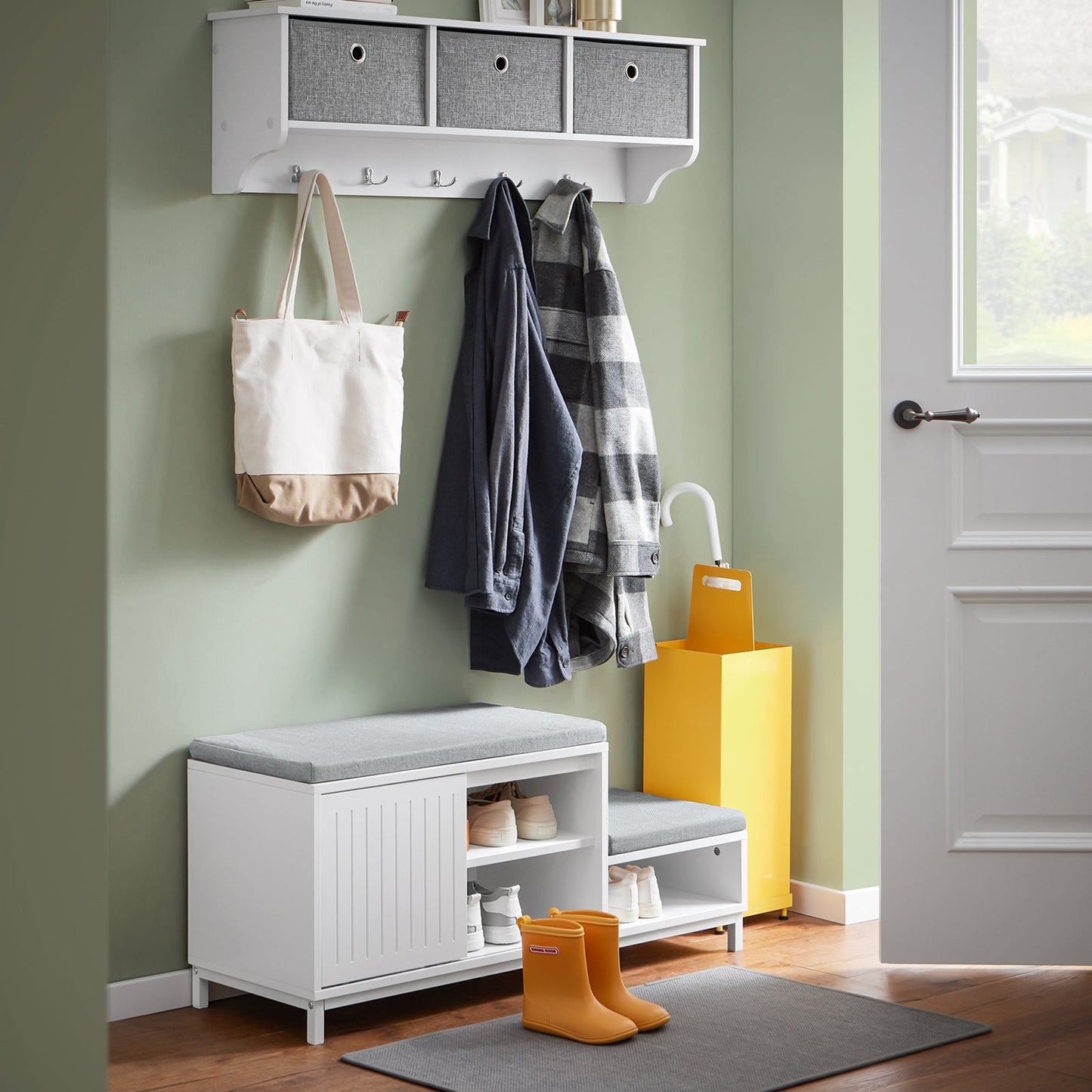 SoBuy Banc de rangement avec meuble à chaussures - Blanc - 100x35x45 cm - Modèle FSR166-W - Avec 2 coussins rembourrés, porte coulissante et 3 compartiments de rangement