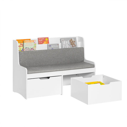 SoBuy Banc de rangement pour enfants avec bibliothèque - 2 Tiroirs - Max. 120 kg - 100 x 45 x 70 cm - Blanc / Gris