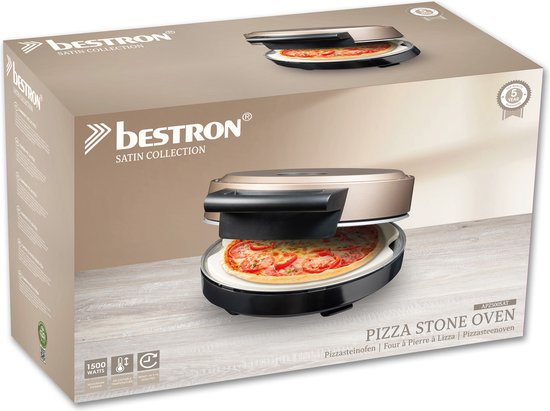 Bestron Turbo Pizza oven pour une pizza en 5-10 minutes, four à pizza électrique avec une température maximale réelle de 320°C, comprend une pierre à pizza et 2 grandes spatules en bois, Satin Collection, couleur : Beige