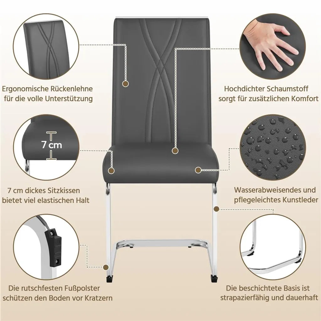 Yaheetech Lot de 2 chaises de salle à manger 59 x 40,5 x 98,5 cm - Gris foncé - Chaises cantilever en similicuir