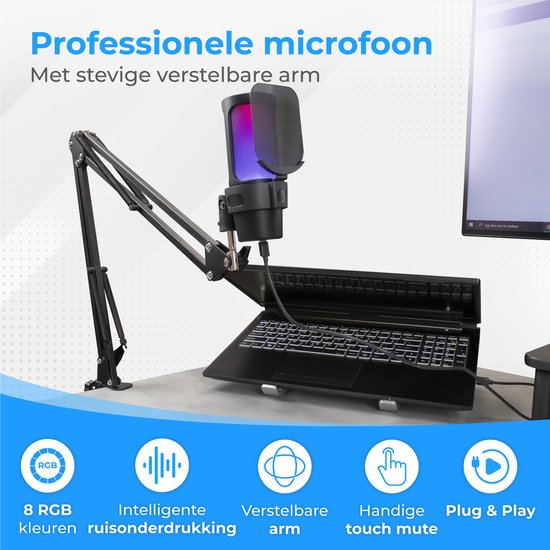 Nuvance - Microphone USB avec bras - pour PC et microphone de jeu - avec filtre anti-bruit - Convertisseur USB-C inclus - Microphone de streaming - RGB