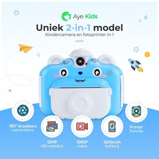 AyeKids Instant Print Kids Camera - Mini imprimante thermique - Imprimante photo - Comprend 3 rouleaux et 12 marqueurs de couleur - Bleu