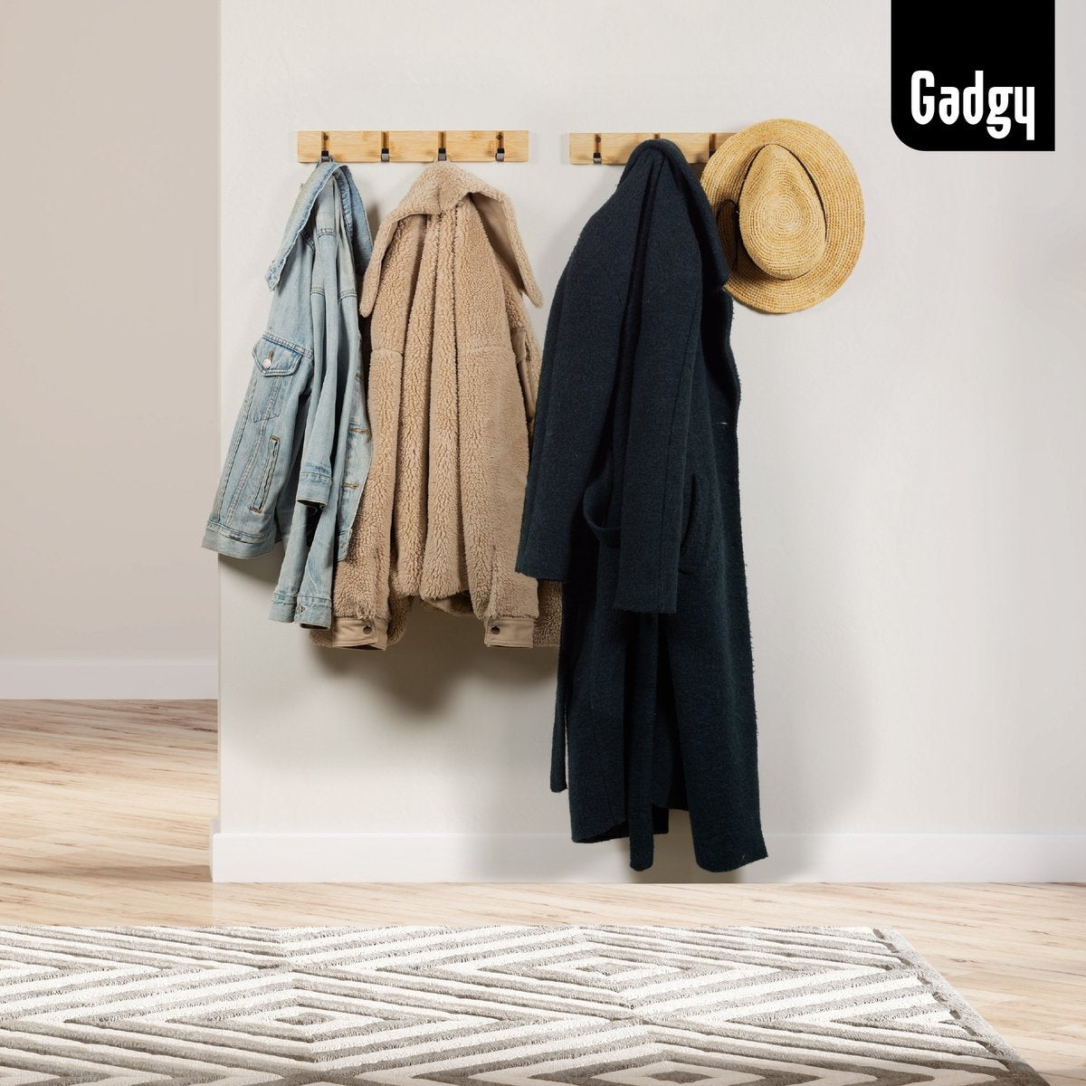 Gadgy Porte-manteau suspendu - Porte-manteau mural en bois - Porte-manteau enfant avec 8 crochets rabattables noir - Porte-manteau mural en bambou - Lot de 2 - Max. Capacité de charge de 15 kg