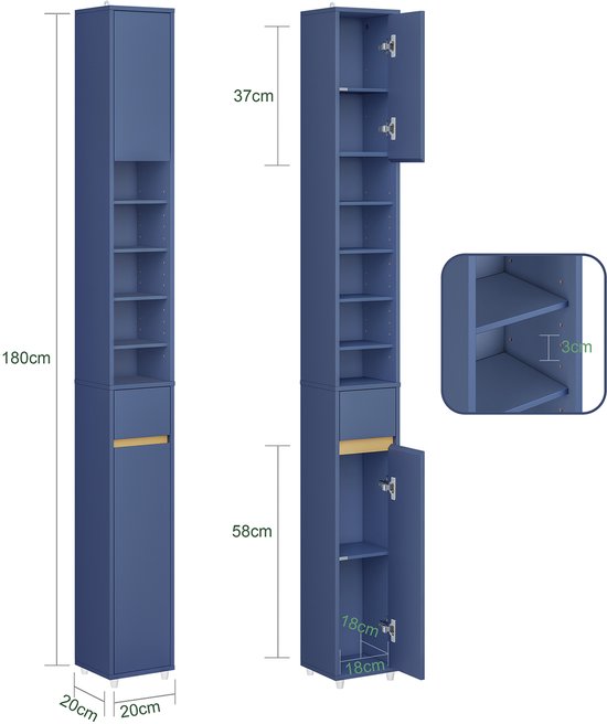 SoBuy Armoires de salle de bain hautes - Armoire de rangement avec étagères réglables et tiroir - Armoire colonne salle de bain - Bleu, 20x20x180cm, BZR34-II-B - pour salle de bain, salon, chambre à coucher
