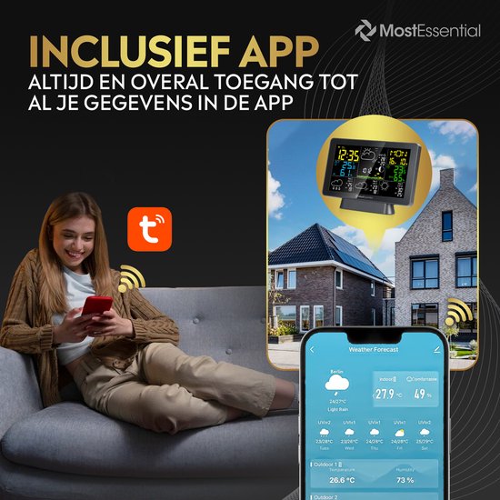 MostEssential Station Météo Wifi Edition - Station météo sans fil avec capteur extérieur - Hygromètre - Intérieur et extérieur - Portée de 150 mètres - Application incluse - Noir - 2 capteurs