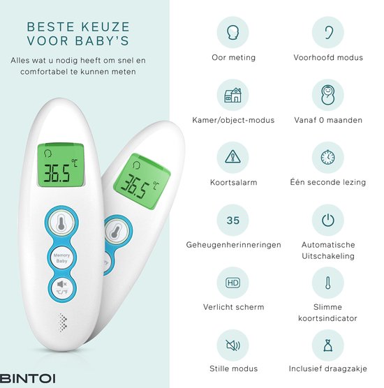 Bintoi® X100 - Thermomètre auriculaire digital - Thermomètre frontal infrarouge - Indicateur de température - thermomètre médical pour adultes et bébés - Corps du thermomètre digital - Mesure instantanée en 1 seconde - Piles incluses