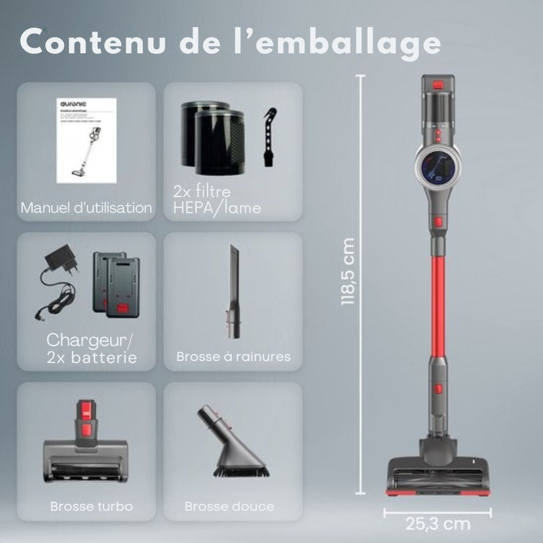 Aspirateur sans fil Auronic - Moteur puissant de 350 W - Batterie supplémentaire - Jusqu'à 45 minutes d'utilisation - Léger et maniable - Rouge/Gris