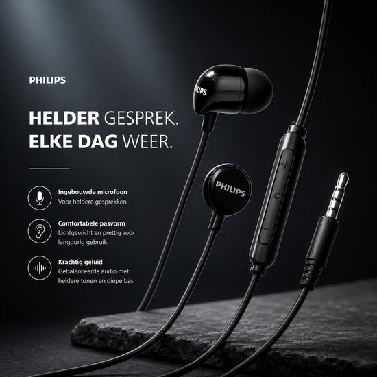 Écouteurs intra-auriculaires Philips TAE1156BK - Clear Sound - Filaires - Télécommande avec microphone - Prise jack 3,5 mm - Noir