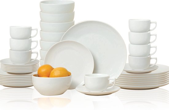 Service de table Alpina pour 8 personnes - Service en faïence 40 pièces - Ensemble comprenant des assiettes de petit-déjeuner, des assiettes plates, des bols, des tasses et des soucoupes - Service de table compatible avec le lave-vaisselle et le micro-ond