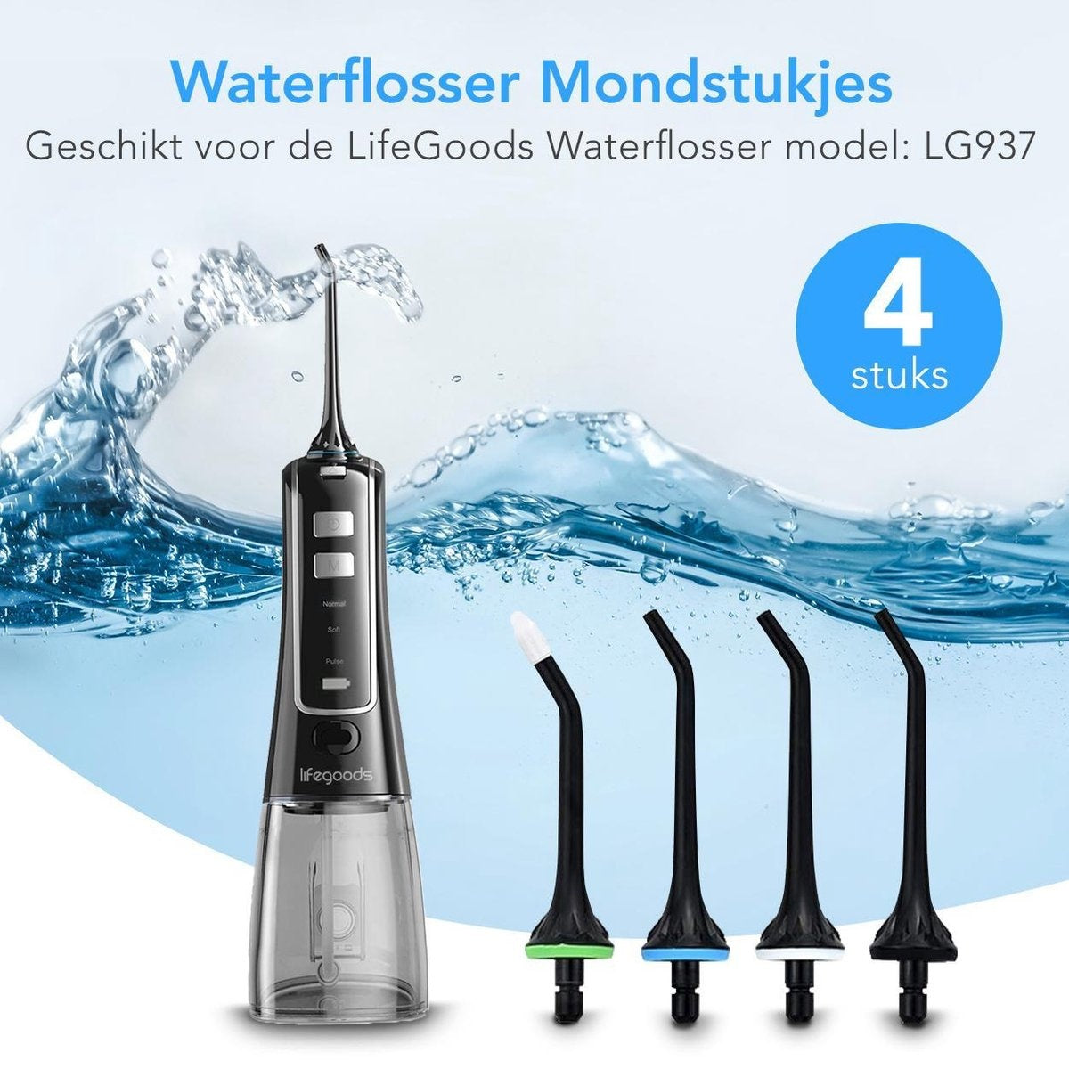 LifeGoods Attachement pour fil dentaire - 4 pièces - pour dispositif de fil dentaire - noir/blanc/vert/bleu