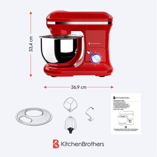 Robot de cuisine - KitchenBrothers -  5L - Mixeur de cuisine - 1200W - Rouge