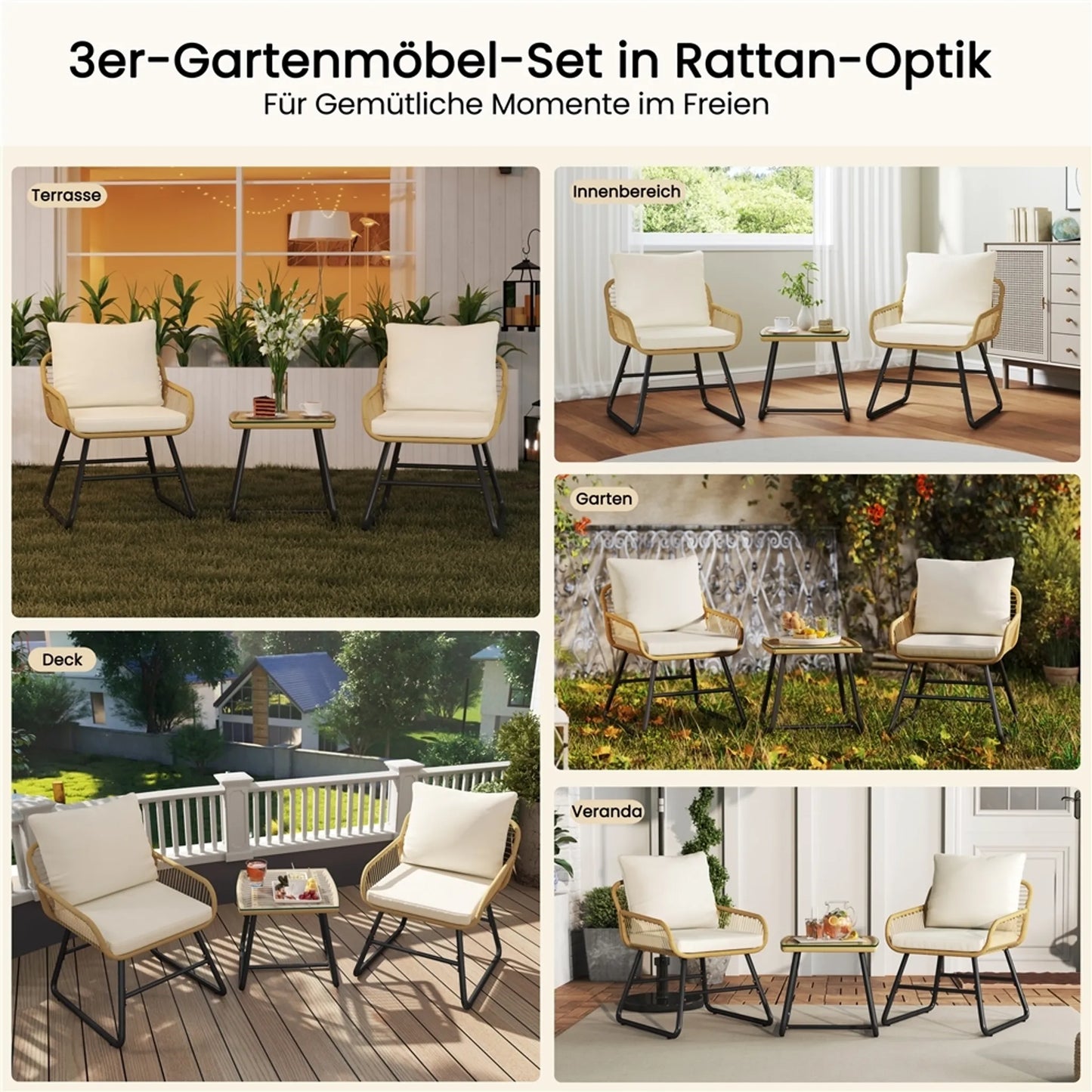 Yaheetech Bistro Garden Set 3-Piece - 61 x 65 x 76 cm - Comprend un plateau de table en verre et un siège et des coussins décoratifs - Pour balcon et terrasse - Light Brown and Metal