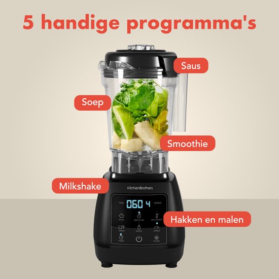 KitchenBrothers 2-in-1 Power Blender - 1600W - 2L - Ensemble complet avec hachoir et gobelet - Smoothie Maker - Ice Crusher - Noir