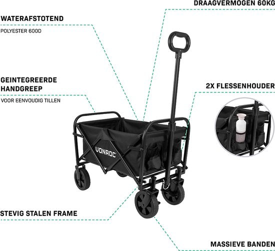 VONROC Wagon - Modèle compact - Pliable - Capacité de charge de 60 kg - Capacité de 50l - Roues solides anti-fuites - Cadre en acier robuste - Polyester 600D - Noir